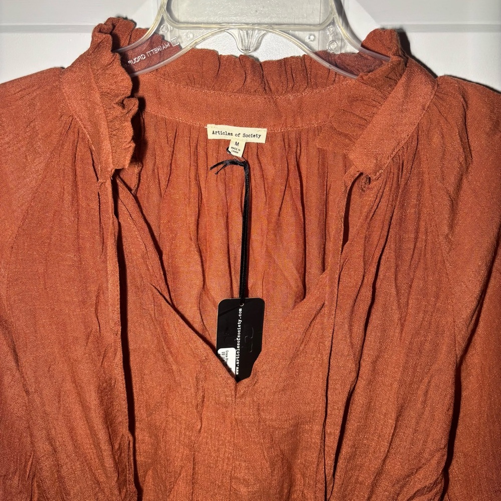 Articles of Society‎ Rust Smocked Waist Ruffle Neck Long Sleeve Blouse Medium - Picture 3 of 7